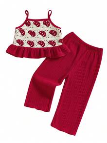 Conjunto de 2 piezas para niñas pequeñas, camisola con volantes y pantalones elásticos de crochet con flores y frutas, ropa de verano para bebés - Rojo - Ver 4