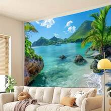1 件热带海滩场景壁挂，鲜艳的涤纶家居装饰，描绘棕榈树、清澈湛蓝的海水和山景，适合客厅、办公室或派对装饰 - 彩色 - 查看 5
