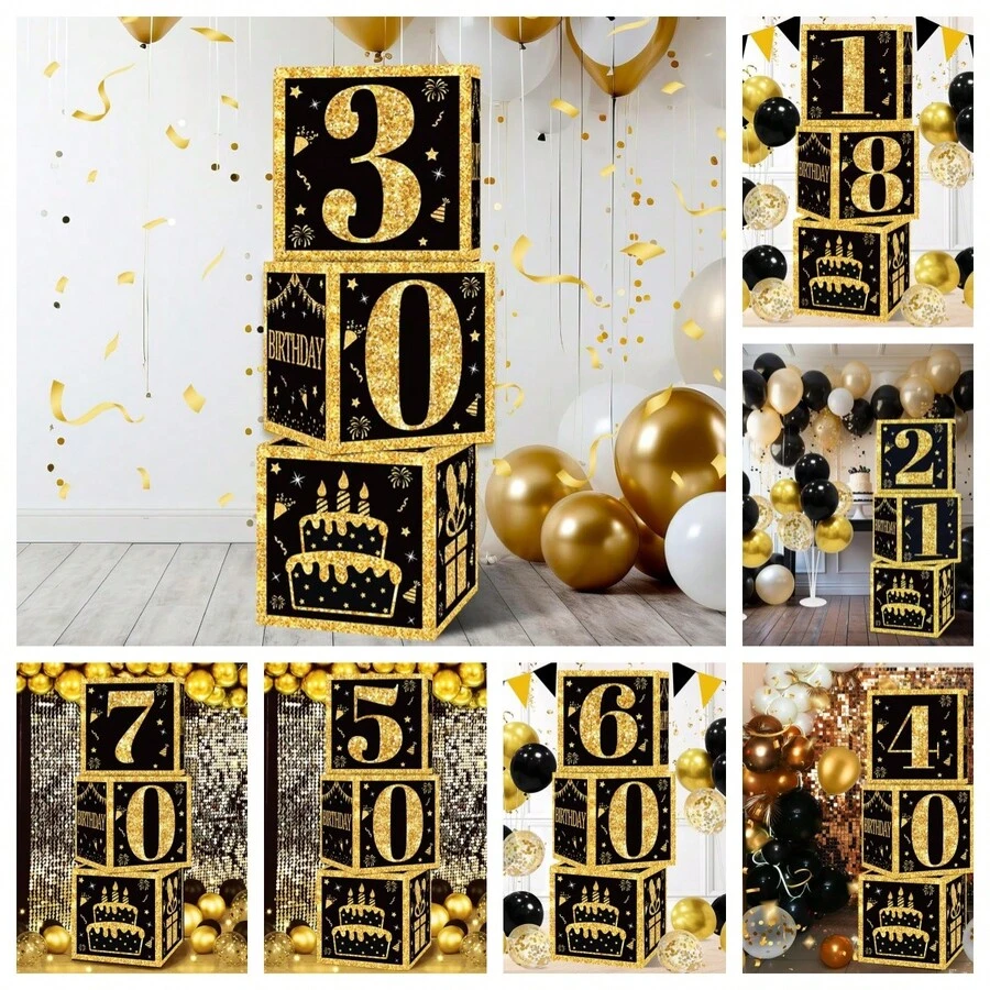 3件套18/21/30/40/50/60/70/75岁生日装饰盒,男女通用,黑金生日快乐气球盒派对用品,生日主题纸盒装饰 - 彩色 - 查看 1