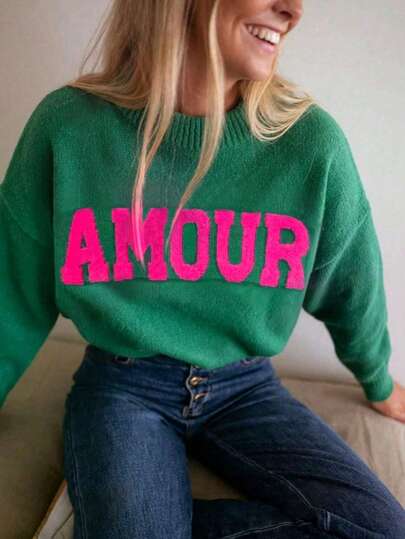 Letter Jacquard Women's Autumn Clothing Round Neck Drop Shoulder Long Sleeve Loose Casual Sweater