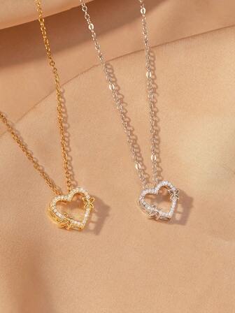 1pc INS Style Luxury Micro-Inlaid Zirconia Heart Pendant Necklace, Elegant Butterfly Decor, Suitable For Gifts, Vacation, Banquet And Daily Wear