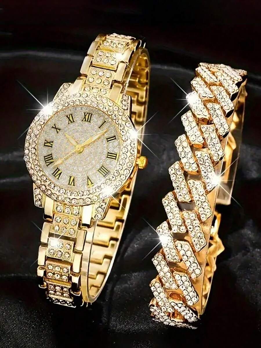 2 pezzi Set di orologio al quarzo con numeri romani in strass e braccialetto a catena cubana in lega color oro, regalo per feste/compleanni, elementi essenziali per Natale