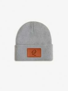 1pc Baby Leather Patch Vintage Letter Decor Grey Beanie, Choose From 26 Letters, Soft & Comfortable Unisex Infant Autumn/Winter Warm Hat, Suitable For Holidays, Birthdays, Daily Wear - Grey - View 32