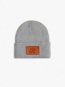 1pc Baby Leather Patch Vintage Letter Decor Grey Beanie, Choose From 26 Letters, Soft & Comfortable Unisex Infant Autumn/Winter Warm Hat, Suitable For Holidays, Birthdays, Daily Wear - Grey - View 25
