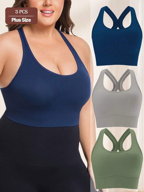 3 pièces/set Soutien-gorge de sport sans fil respirant et confortable avec coussins, grande taille, convient pour la course, l'entraînement, peut être porté comme vêtement extérieur