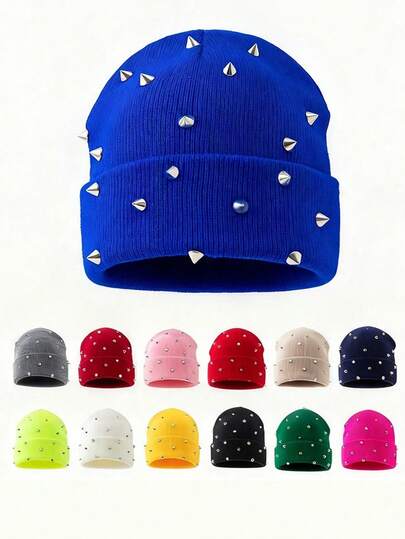 1pc Men's Fashion Punk Style Rivet Knit Beanie Hat, Suitable For Autumn/Winter Daily Wear And Keeping Warm