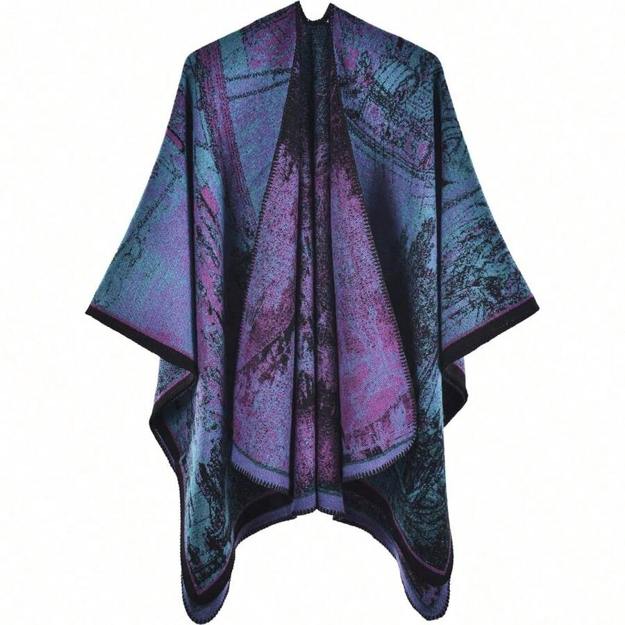 Women's Warm Shawl Wrap Cape Winter Cardigan Sweaters Open Front Poncho - M71-墨洗紫 - 查看 1