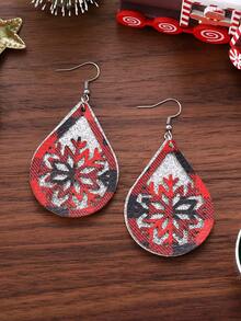 1 par de pendientes de mujer navideños, pendientes vintage de invierno con copo de nieve de cuadros rojos y negros con purpurina, colgante de gota de agua hueco, pendientes de doble capa de PU brillante, regalo para fiesta