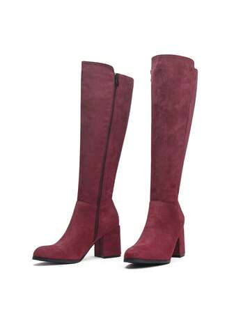 Damen bequeme und vielseitige Stiefel mit seitlichem Reißverschluss und Plateauabsatz, modische Overknee-Stiefel mit rundem Zehenbereich aus braunem Veloursleder, minimalistisch und warm für Herbst/Winter, Hochabsätze