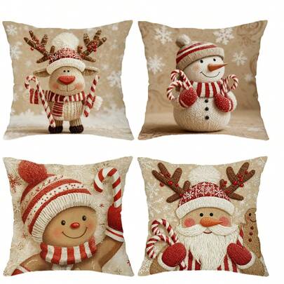 4 件套圣诞枕套，驯鹿、雪人、圣诞老人和糖果图案，卡通风格涤纶面料单面印花靠垫套，圣诞节假期家居装饰，适用于沙发、床、椅子、卧室、客厅、农舍门廊装饰，可机洗，拉链开合，不含枕芯