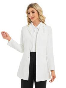 cimmuovere 女士长袖翻领开襟多口袋衬里加垫肩修身手术服护士服工作服牙医保健宠物医院实验室工作服白色春季 - 白色 - 查看 7