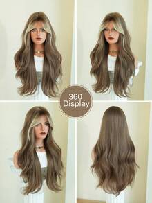 AKAKO 26 Inch Warm Brown Long Wavy Wig With Curtain Bangs, High Quality Heat-Resistant Fiber Synthetic Wave Curly Hair Wig, Gorgeous Goth Style Costume Wigs For Women Halloween Party Masquerade Ball,Music Festivals & Carnival Use - 漸層棕色 - 查看 6