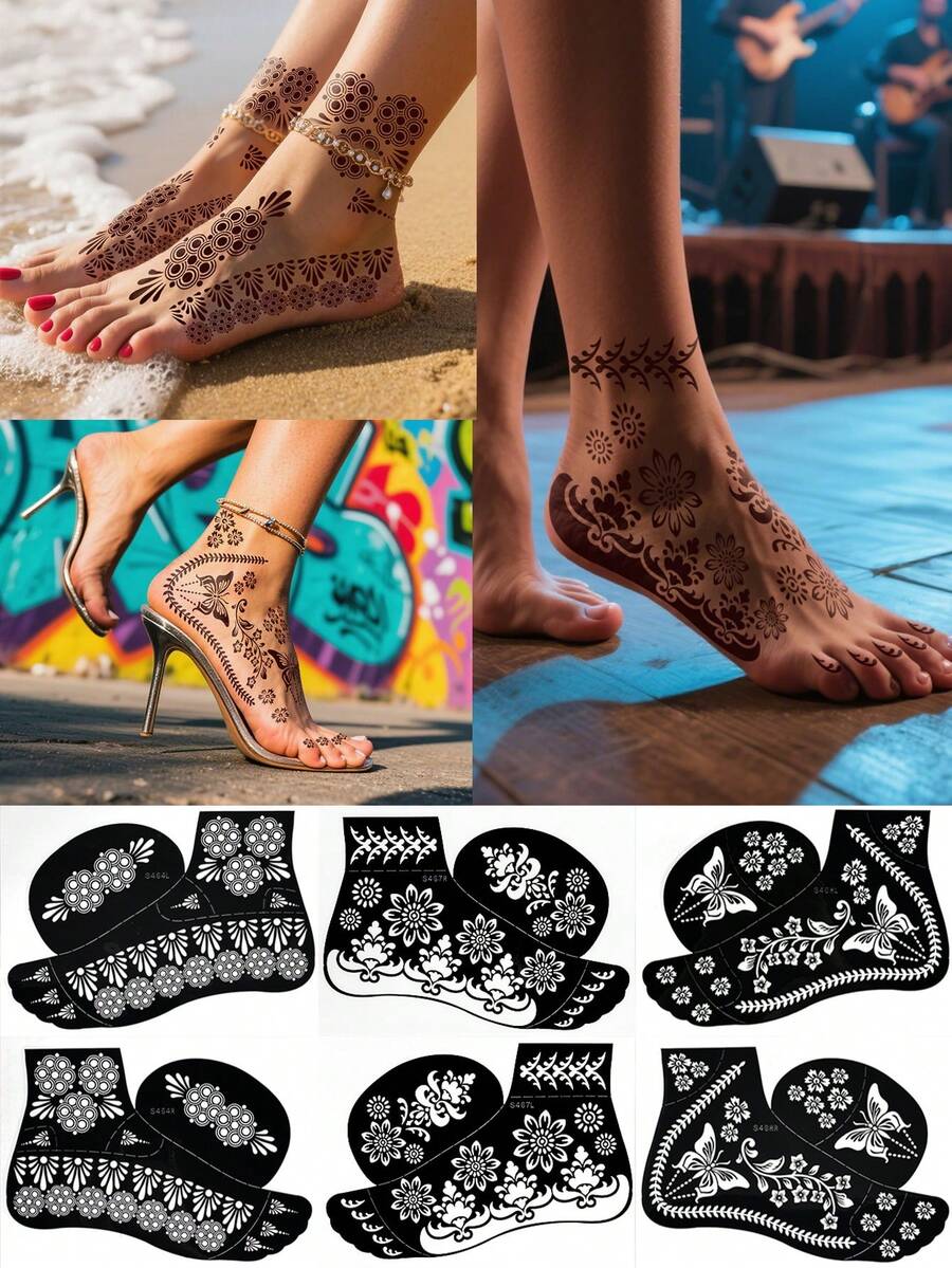 6pcs Temporary Tattoo Templates, Suitable For Real Tattoos, Foot Flower Tattoo Templates. Reusable Temporary Tattoo Template Kit, Suitable For Body Dressing(6pcs/2pcs),Tattoo Stencil
