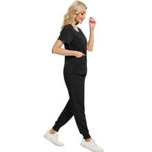1 Set de Uniforme Médico de Mujer con Manga Corta, Cremallera, Cuello Redondo y Bolsillo, Conjunto Informal de Blusa de Manga Corta con Cremallera y Pantalón de unicolor, Uniforme Médico Ajustado, Adecuado para Trabajo Hospitalario, Conjunto de Uniforme Médico, Conjunto de Uniforme Médico para Cirugía Estética Color Negro - Negro - Ver 6