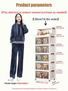 1 pieza Gabinete de almacenamiento plegable de plástico, organizador de juguetes para sala de estar con puertas dobles para el hogar, gabinete de almacenamiento con ruedas para dormitorio, caja de almacenamiento tipo armario, estantería organizadora de cocina - transparente - Ver 2