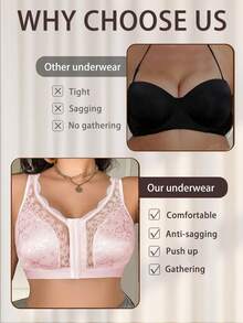 Plus Size Women Contrast Lace Comfortable Wireless Bra - Pink - View 7