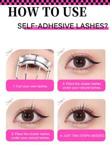 PALM LASHES 60片黑色/棕色自粘假睫毛，无需胶水和卸妆液，一步式可重复使用预粘假睫毛，动漫猫眼款式，短款（9-13毫米），C型卷翘，单片及簇状睫毛，适合新手。 - 黑色 - 查看 6