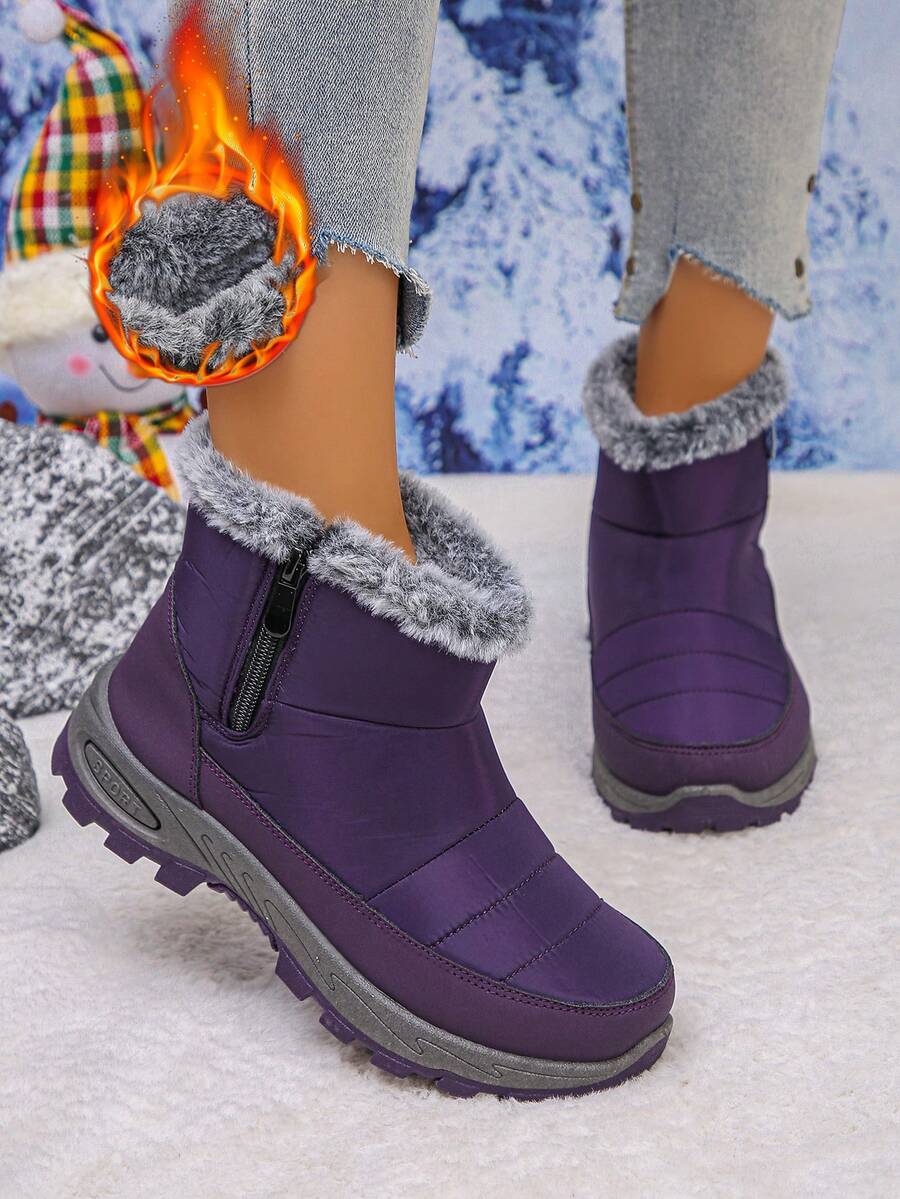 Winter New Plus Size 36-43 Men & Women Plush Thick Warm Shoes, Anti-Slip Durable High-Top Leather Waterproof Fashion Thick-Sole Wedge Flat Snow Boots - Purple - View 1