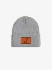 1pc Baby Leather Patch Vintage Letter Decor Grey Beanie, Choose From 26 Letters, Soft & Comfortable Unisex Infant Autumn/Winter Warm Hat, Suitable For Holidays, Birthdays, Daily Wear - Grey - View 18