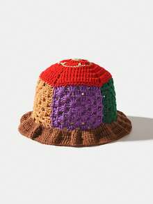 One Color Block Knit Bucket Hat For Women, Spring And Summer Lightweight Hollow Flower Knit Hat, Loose Fit, Face-Lifting And Sun-Shading Bucket Hat