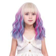 Mixed Brown Wig For Child Short Chocolate Brown Wig With Air Bangs For Girls Short Brown Wavy Curly Wig For Kids Heat Resistant Synthetic Wig With Wig Cap…Essential Festive Atmosphere For Christmas - Blonde Ombre Blue Pink - View 1