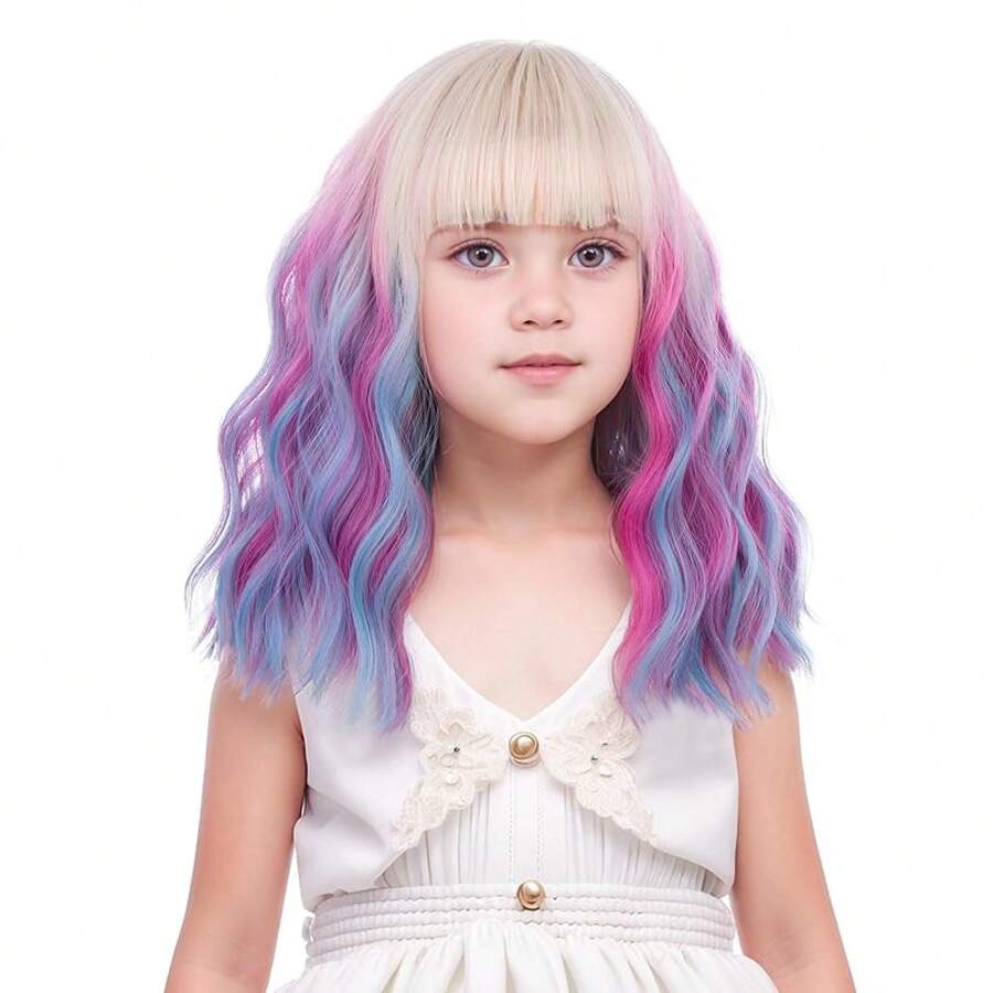 Mixed Brown Wig For Child Short Chocolate Brown Wig With Air Bangs For Girls Short Brown Wavy Curly Wig For Kids Heat Resistant Synthetic Wig With Wig Cap…Essential Festive Atmosphere For Christmas - Blonde Ombre Blue Pink - View 1