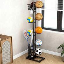 Ball Storage Rack Multi-Layer Basketball Organizer Rack With Basket And Hooks",Shelves - Black - View 8