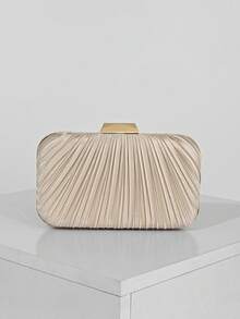 女士优雅/奢华褶皱缎面盒状手拿包，浪漫婚礼派对手提包，迷人/精致晚礼服钱包，简约杏色盒状包，配有可拆卸链条肩带，是节日的理想礼物 - 杏色 - 查看 8