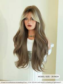 AKAKO 26 Inch Warm Brown Long Wavy Wig With Curtain Bangs, High Quality Heat-Resistant Fiber Synthetic Wave Curly Hair Wig, Gorgeous Goth Style Costume Wigs For Women Halloween Party Masquerade Ball,Music Festivals & Carnival Use - 漸層棕色 - 查看 4