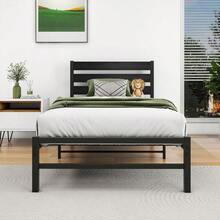 Twin Size Bed Frame With Rustic Vintage Wood Headboard Strong Metal Slats Port Heavy Duty Metal Platform Bed Frames No Box Spring Needed Mattr Foundation Black - 雙床+黑-黑 - 查看 2