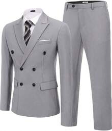 Men's 2 Piece Double Breasted Suits Slim Fit Tuxedo Jacket And Dress Pants Set For Wedding Business Prom - 淺灰色 - 查看 9