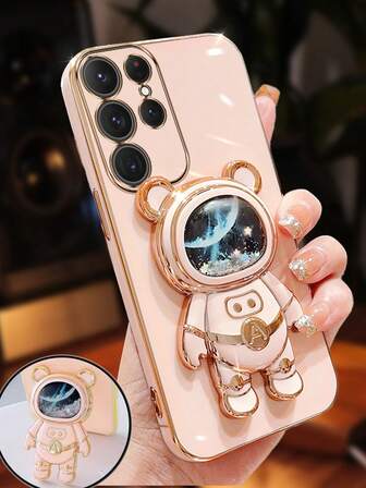 Luxury Electroplated Pink Phone Case With Creative Cute Astronaut Bear Stand, Fashionable Silicone Shock-Proof Soft Shell, Compatible With IPhone 17/16/15/14/13/12/11/X/XS/XR/8/7 Plus/Pro/Max/Mini/Air, Galaxy S24/S25 Ultra, Redmi, Honor, OPPO Reno, MOTO Infinix, Unisex 2025 Model