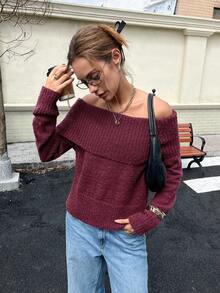 Women's Casual Comfortable Romantic Retro Modern Commute Office Teacher Solid Color Christmas New Year Knitted Off-Shoulder Pullover Sweater, Suitable For Daily, Holiday, Christmas, New Year, Office, Date, Street, Travel, Back To School, Party, Airport, Sports & Fitness, Beach, Evening, Spring, Autumn, Winter
