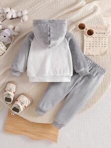 Conjunto de sudadera con capucha de manga raglán y pantalones esponjosos grises con bordado de elefante de tela suave y cálida para bebés niños, adecuado para usar en casa y al aire libre, otoño/invierno