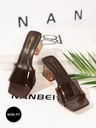 Wide Fit Women's Brown Elegant Square Toe Slingback Crystal Heel Fashion Sandals, Outdoor Non-Slip Thick Heeled Slides Suitable For Wide Feet