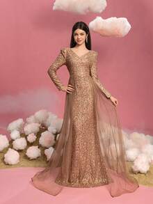 ALISA&LEO Elegant V-Neck Long Sleeve Mermaid Gown With All-Over Sequins - Perfect For Red Carpet Galas, Formal Evenings, Wedding Receptions, Award Ceremonies, And Charity Balls