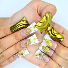 Handmade Long Duckbill Press On Nails, Gold Textured Base, Rose Accents, Special Events, Elegant Looks Summer Easter - 許多 - 查看 4