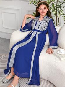 Tween Girls Middle East Style Embroidered Cardigan Dress, 2 In 1 Set With Belt - Blue - View 6