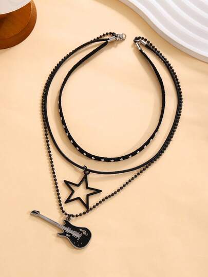 ZIRUISP 星星吊坠复古项链朋克星形颈链摇滚吉他层叠项链男女款 Eboy Egirl 酒吧派对珠宝礼物