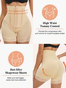 1 pieza Pantalones cortos moldeadores de cintura alta con cremallera, control de abdomen y elevación de glúteos - Albaricoque - Ver 4