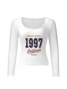 Camiseta de manga larga con cuello redondo y eslogan gráfico de otoño e invierno para mujer, top casual de ajuste ceñido y versátil, ropa de mujer de moda otoñal, adecuada para uso diario