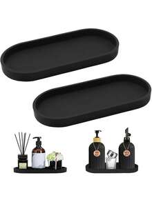 Gói 2 khay trang trí hình elip 25 x 11 cm, khay silicon màu đen dùng cho phòng tắm, khay màu đen, khay trang trí phòng tắm, màu đen, thích hợp cho phòng ngủ, nhà bếp, nhà vệ sinh, lưu trữ tinh dầu - Nhiều màu - Xem 2