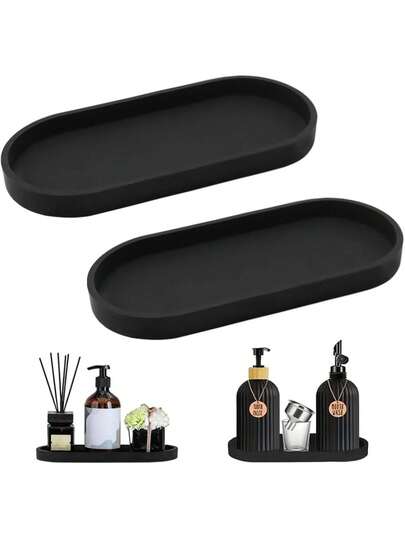 Pack Of 2 25 X 11 Cm Elliptical Decorative Trays Black Silicone Bathroom Tray Black Trays Bathroom Decorative Trays Black Suitable For Bedroom Kitchen Toilet Storage Essential Oils