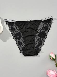 4件套女士高腰纯色柔软丝滑曲线三角裤套装，缎面蕾丝内裤 - 彩色 - 查看 4
