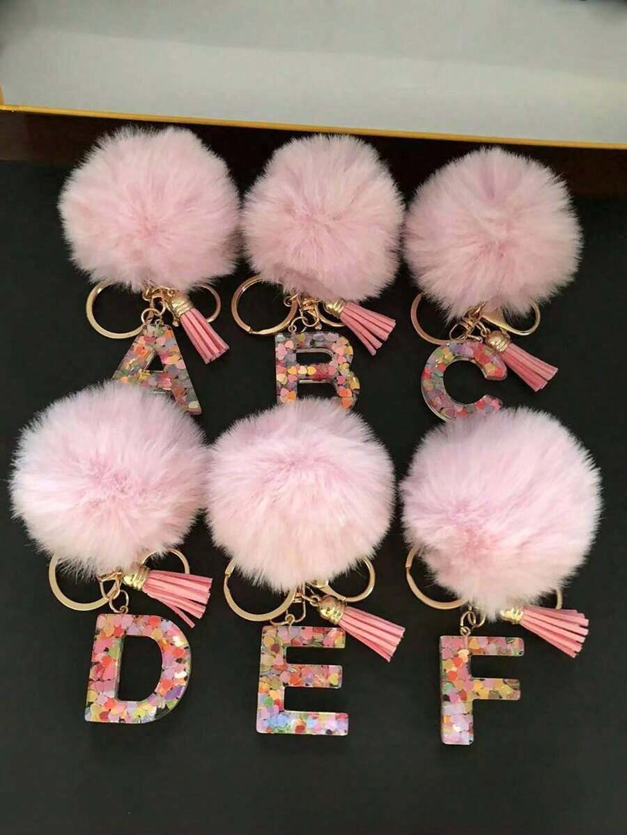 1 Pc Alphabet Initial Letter Keychain Cute Plush Pom Key Chain Ring Bag Backpack Charm Car Hanging Pendant Women Girls Gift,Cute Sequins Resin Key Chain,Wallet And Handbag Accessories, Keychain With Tassels,Alphabet Initial Letter A-Y School - 粉色 - 查看 1
