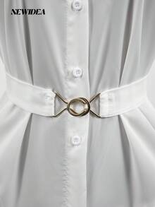 Elegant Women's White Satin-Like Long Sleeve Collared Shirt - Belted Button Front Blouse For Office, Going Out & Daily Wear