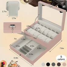 Ogrmar 12 Slot PU Leather Lockable Watch Storage Boxes, Men & Women Jewelry Display Drawer, 2-Tier Organizer Watch Showcase With Glass Lid (White) - Pink - View 5