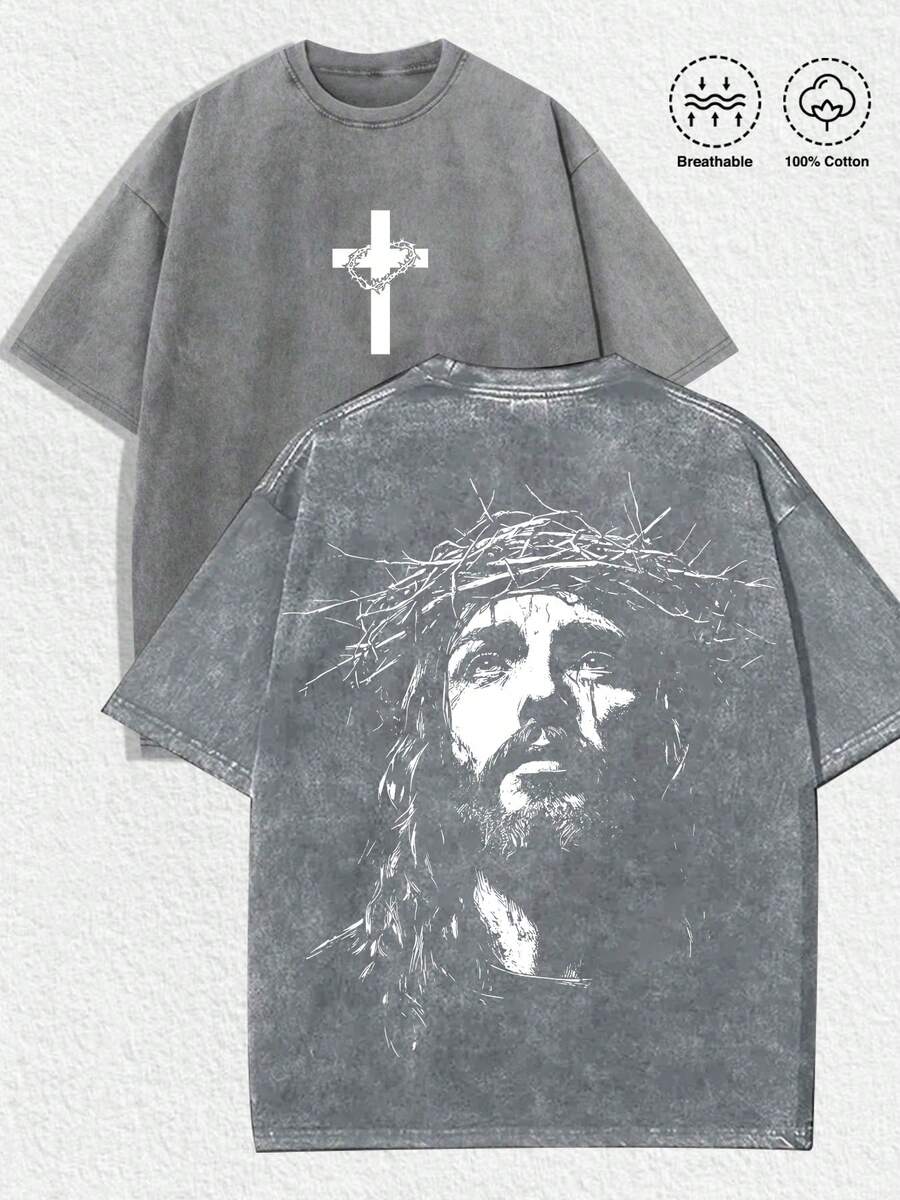 1 PCS Religious "Jesus With Crown Of Thorns" Graphic Tee: Featuring Distressed Vintage Finish, Front Cross Print Adorned With Crown Of Thorns, Back Artistic Portrait Of Jesus Wearing Crown Of Thorns, Crafted From Breathable 100% Cotton, Perfect For Infusing Spiritual & Nostalgic Vibes Into Outfits During Easter Celebrations, Church Events, Or Daily Wear Men's Round Neck Printed Short Sleeve Casual Everyday T-Shirt, They Are Excellent Gifts For Friends And Family, 100% Cotton T-Shirts Feature, A Youthful And Fashionable Design, Graphic Tees Men, Graphic Tees Women, Cachorro Feliz, Back To School - 灰色 - 查看 1