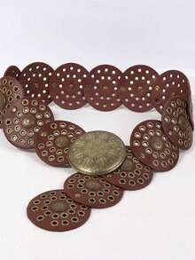 1 buc Curea la modă cu cataramă rotundă din PU, maro, bronz antic, stil boho oval din metal, potrivită pentru purtare zilnică