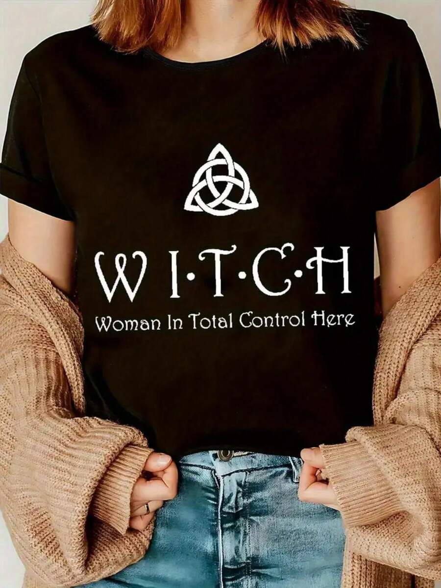 Camiseta playera gráfica dama mujer manga corta cuello redondo casual cómoda fresca ligera moderna juvenil corte regular estampado halloween dia de muertos brujas letras witch frase chistosa - Negro - Ver 1